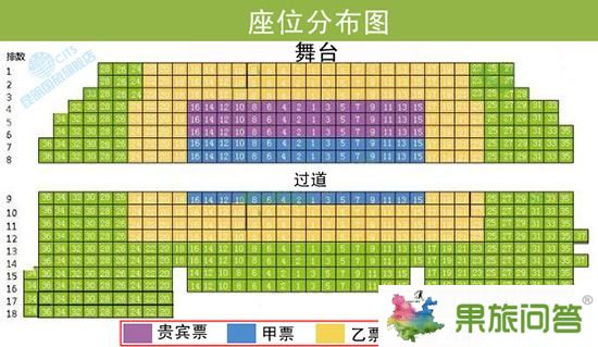 云南印象門票貴賓票、甲票、乙票、丙票位置分布圖