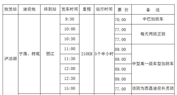 瀘沽湖到麗江汽車時刻表
